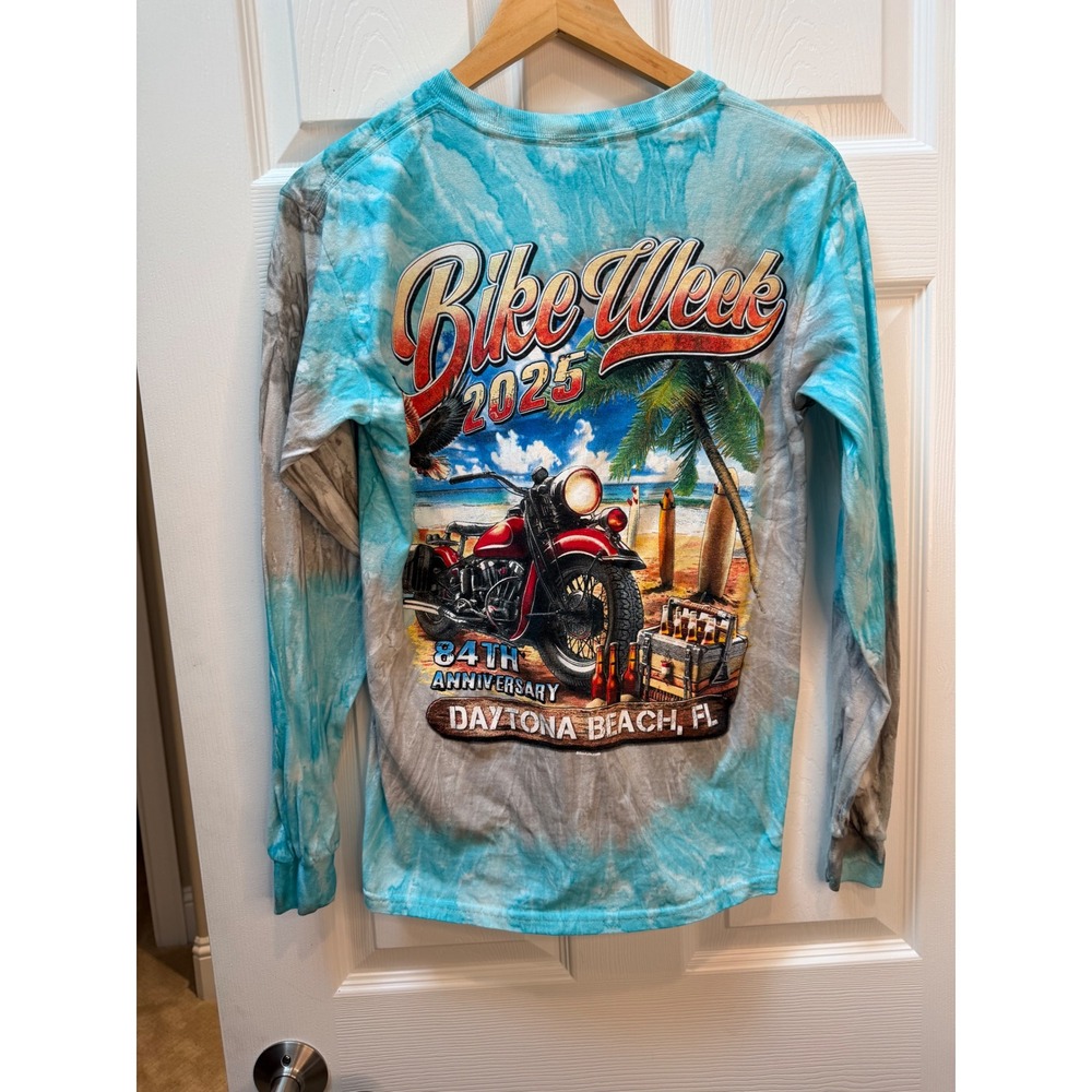 Destinations USA Women Sm Blue Tie Dye Bike Week 2025 Daytona Beach Graphic Tee